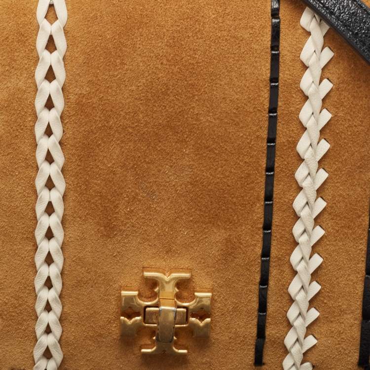 Pre Owned Tory Burch Tan/Black Leather and Suede Whipstitch Kira Crossbody Bag