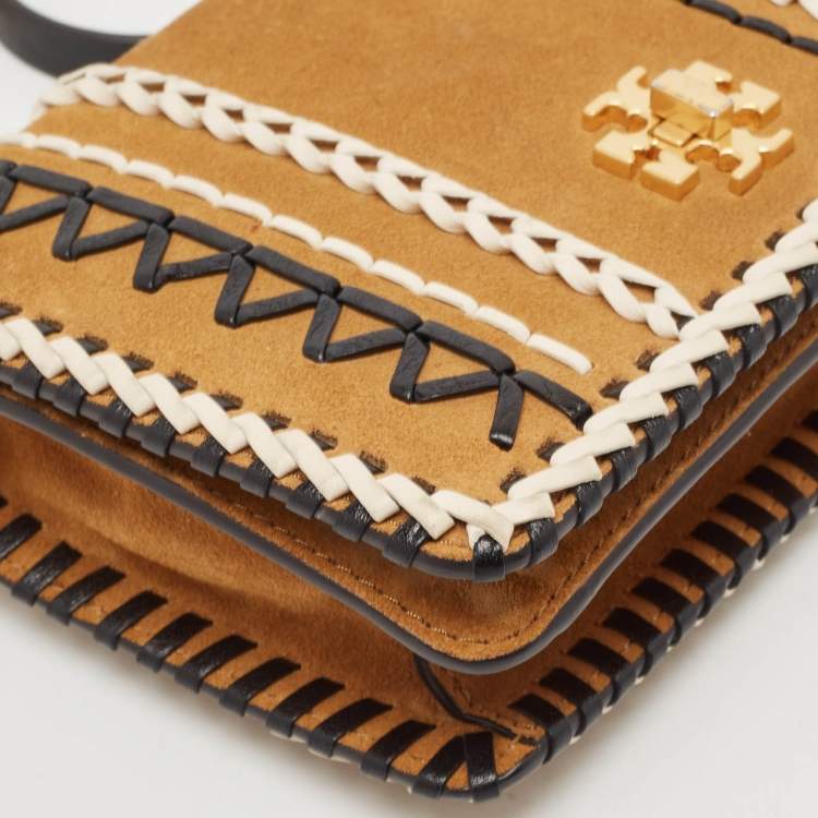 Pre Owned Tory Burch Tan/Black Leather and Suede Whipstitch Kira Crossbody Bag