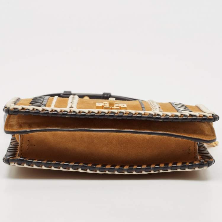 Pre Owned Tory Burch Tan/Black Leather and Suede Whipstitch Kira Crossbody Bag