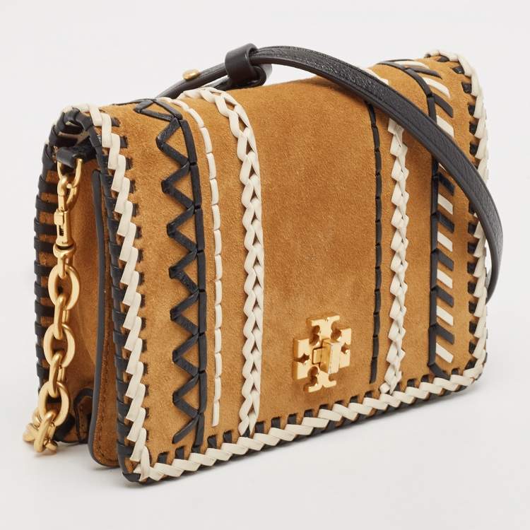 Pre Owned Tory Burch Tan/Black Leather and Suede Whipstitch Kira Crossbody Bag