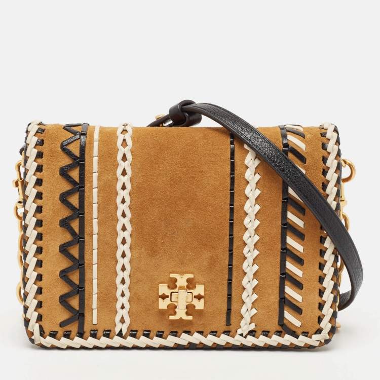 Pre Owned Tory Burch Tan/Black Leather and Suede Whipstitch Kira Crossbody Bag