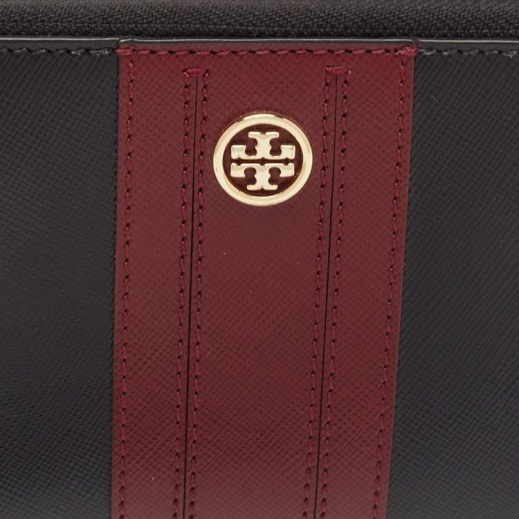 Pre Owned Tory Burch Black/Red Leather Robinson Wristlet Wallet