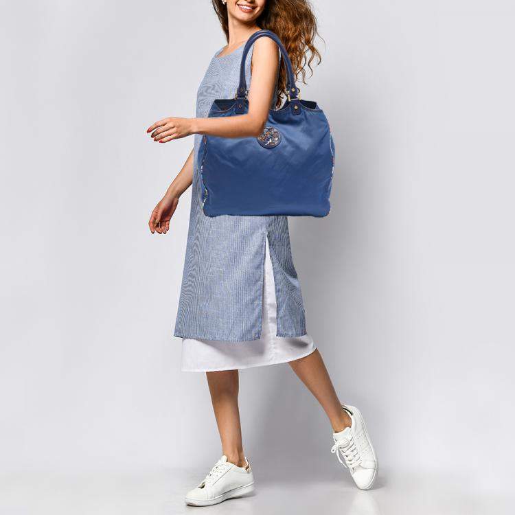 Pre Owned Tory Burch Blue/Multicolor Nylon Logo Tote