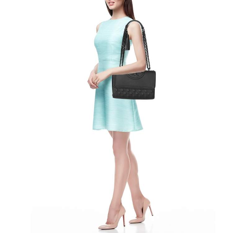 Pre Owned Tory Burch Matte Black Polyurethane Fleming Shoulder Bag