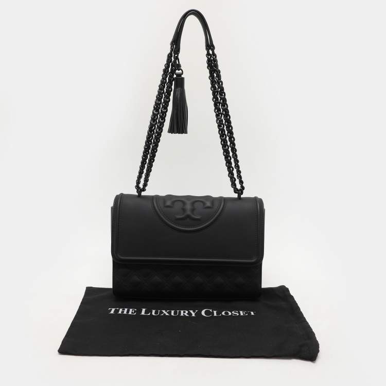 Pre Owned Tory Burch Matte Black Polyurethane Fleming Shoulder Bag