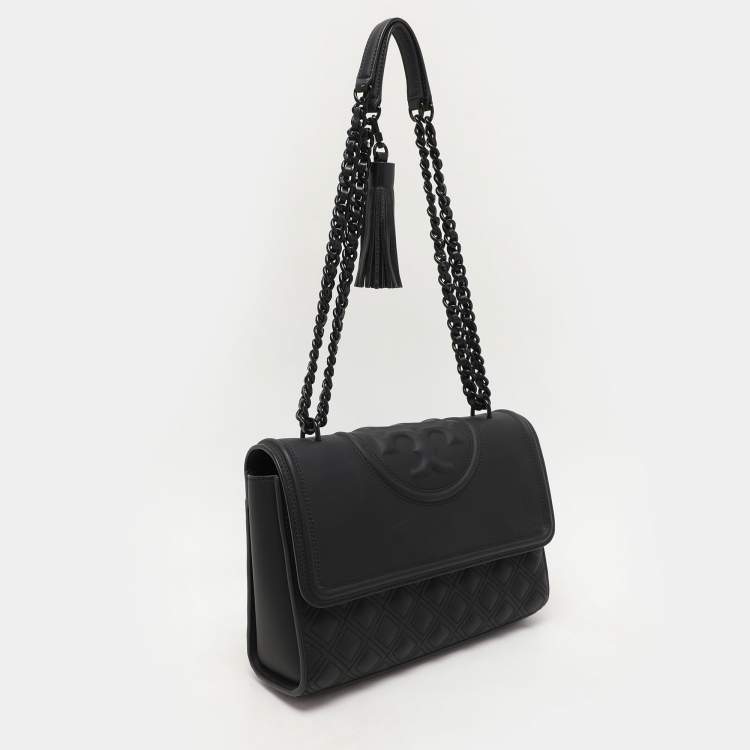 Pre Owned Tory Burch Matte Black Polyurethane Fleming Shoulder Bag