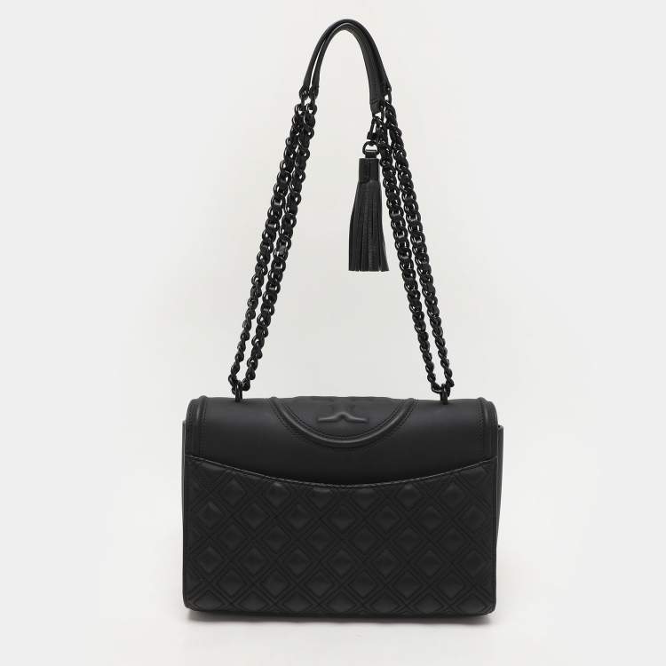 Pre Owned Tory Burch Matte Black Polyurethane Fleming Shoulder Bag