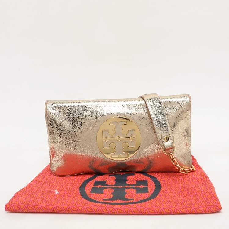 Pre Owned Tory Burch Metallic Gold Leather Reva Shoulder Bag