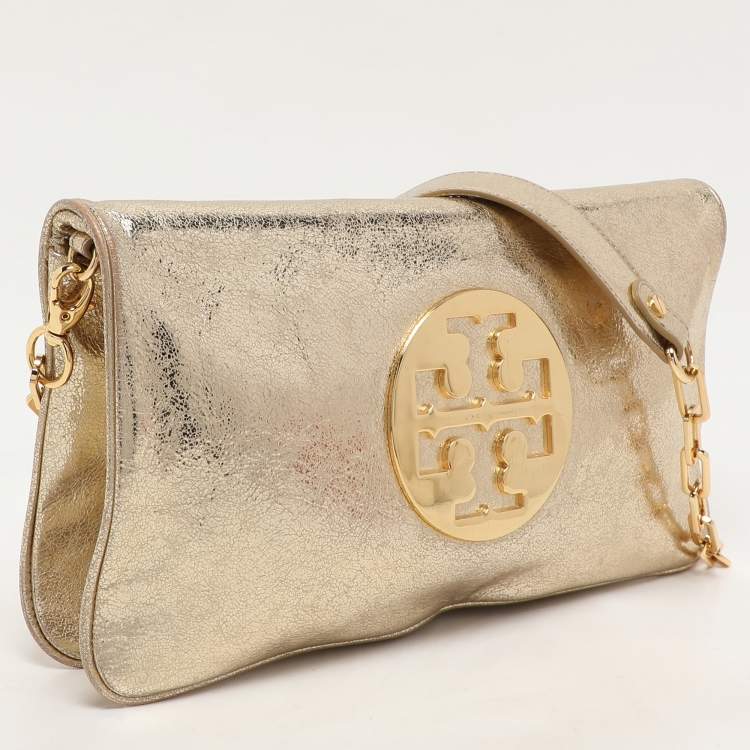 Pre Owned Tory Burch Metallic Gold Leather Reva Shoulder Bag
