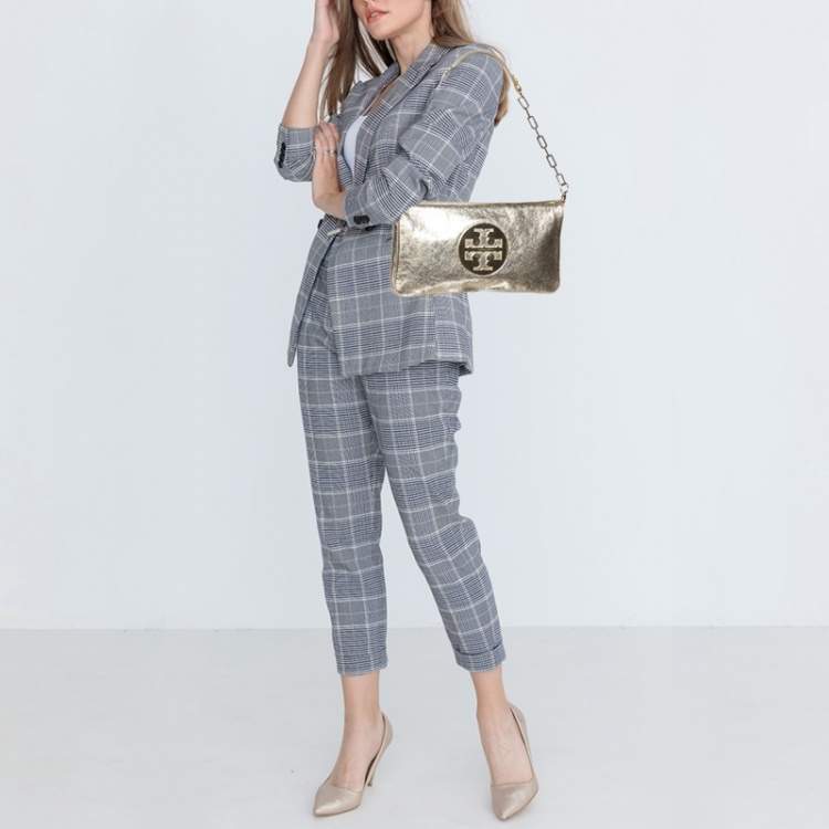 Pre Owned Tory Burch Metallic Gold Leather Reva Shoulder Bag