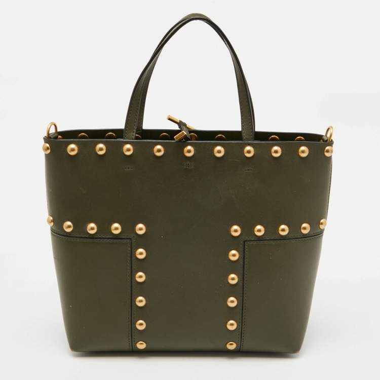 Pre Owned Tory Burch Olive Green Leather Block-T Stud Tote