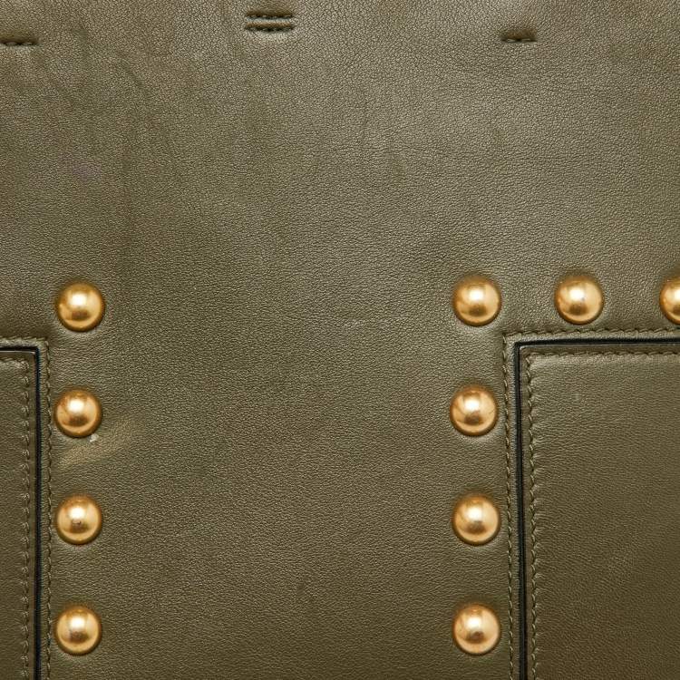 Pre Owned Tory Burch Olive Green Leather Block-T Stud Tote