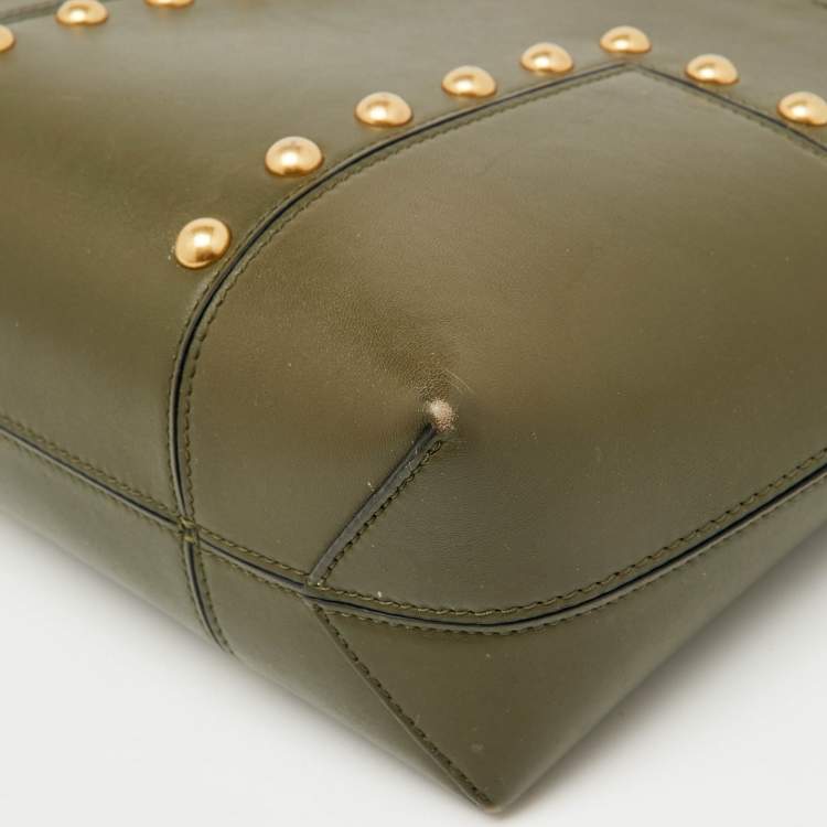 Pre Owned Tory Burch Olive Green Leather Block-T Stud Tote