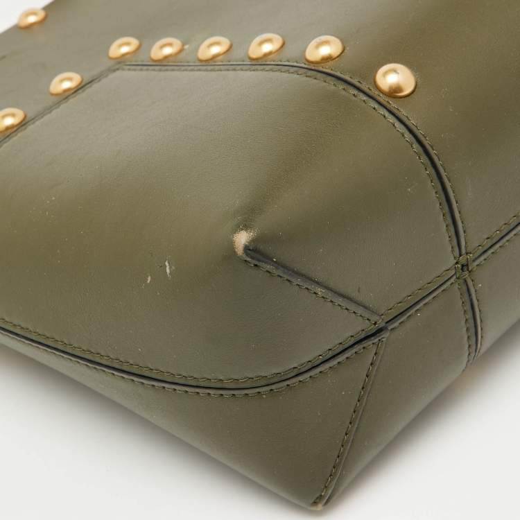 Pre Owned Tory Burch Olive Green Leather Block-T Stud Tote