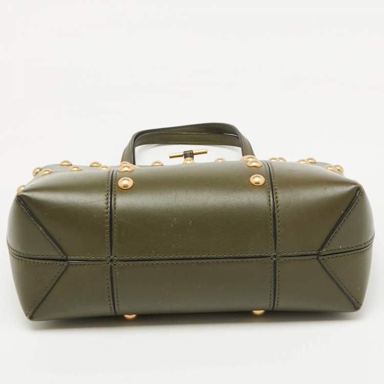 Pre Owned Tory Burch Olive Green Leather Block-T Stud Tote