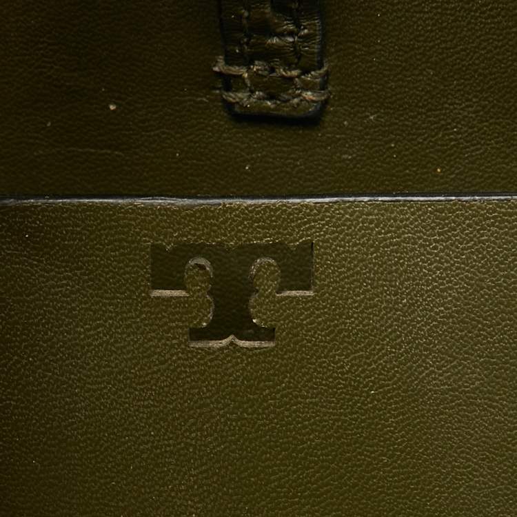 Pre Owned Tory Burch Olive Green Leather Block-T Stud Tote