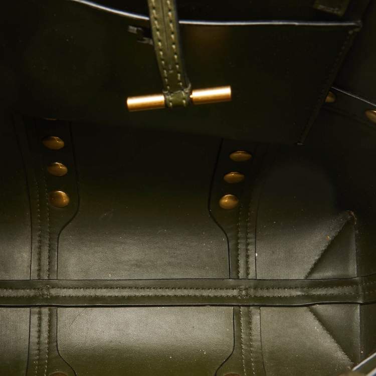 Pre Owned Tory Burch Olive Green Leather Block-T Stud Tote