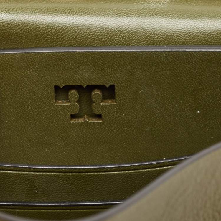 Pre Owned Tory Burch Olive Green Leather Mini Studded Block-T Top Handle Bag