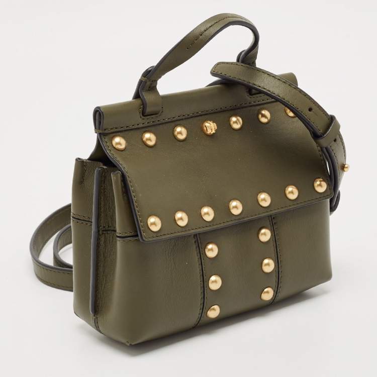 Pre Owned Tory Burch Olive Green Leather Mini Studded Block-T Top Handle Bag