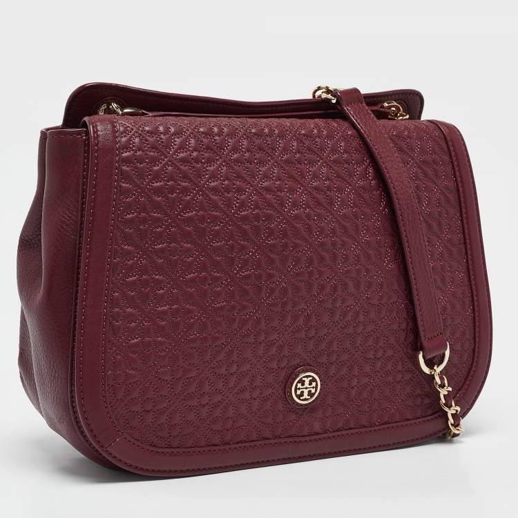 Pre Owned Tory Burch Burgundy Quilted Leather Bryant Flap Shoulder Bag