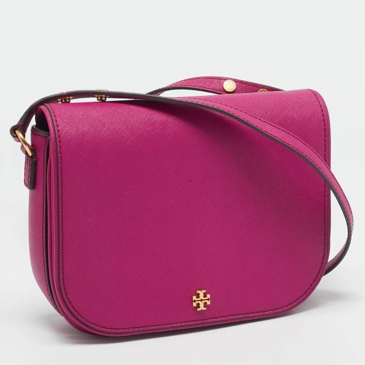 Pre Owned Tory Burch Fuchsia Leather Emerson Saddle Crossbody Bag