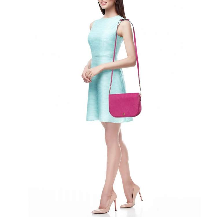 Pre Owned Tory Burch Fuchsia Leather Emerson Saddle Crossbody Bag