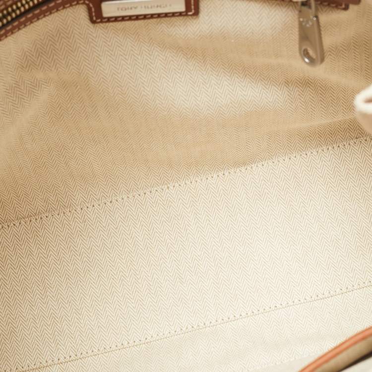 Pre Owned Tory Burch Brown/Beige Canvas and Leather Ella Tote