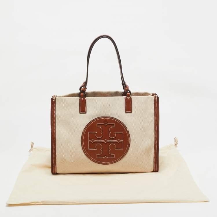 Pre Owned Tory Burch Brown/Beige Canvas and Leather Ella Tote