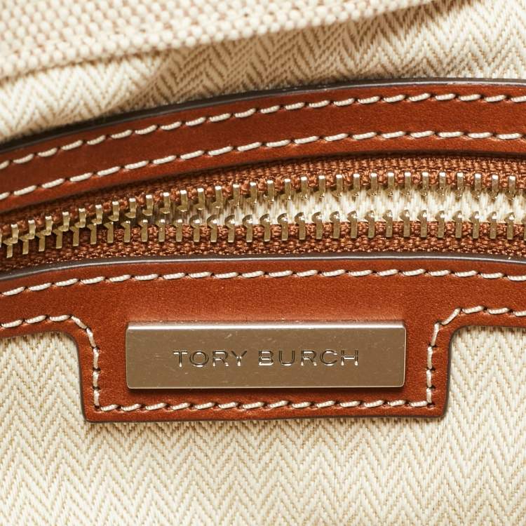 Pre Owned Tory Burch Brown/Beige Canvas and Leather Ella Tote