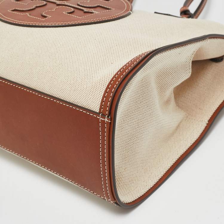 Pre Owned Tory Burch Brown/Beige Canvas and Leather Ella Tote