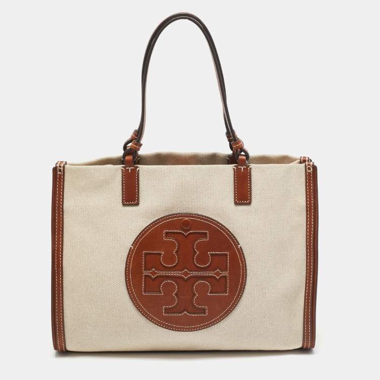 Pre Owned Tory Burch Brown/Beige Canvas and Leather Ella Tote