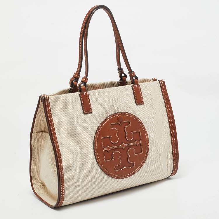 Pre Owned Tory Burch Brown/Beige Canvas and Leather Ella Tote