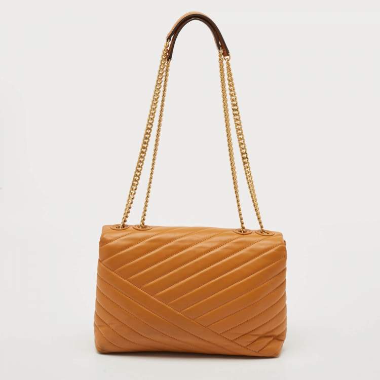 Pre Owned Tory Burch Brown Chevron Leather Kira Convertible Shoulder Bag