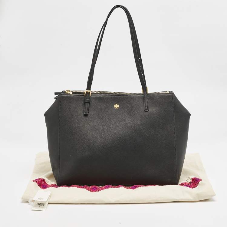 Pre Owned Tory Burch Black Leather Large Emerson Double Zip Tote