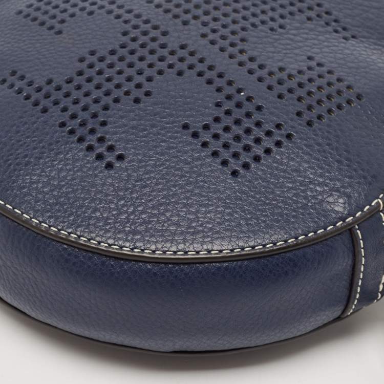 Pre Owned Tory Burch Navy Blue Leather T Perforated Logo Round Crossbody Bag