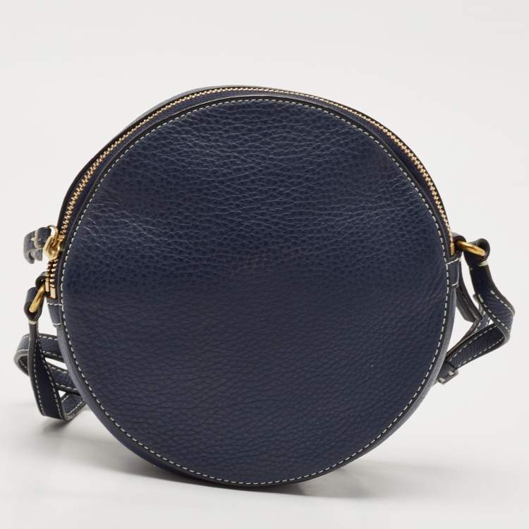 Pre Owned Tory Burch Navy Blue Leather T Perforated Logo Round Crossbody Bag