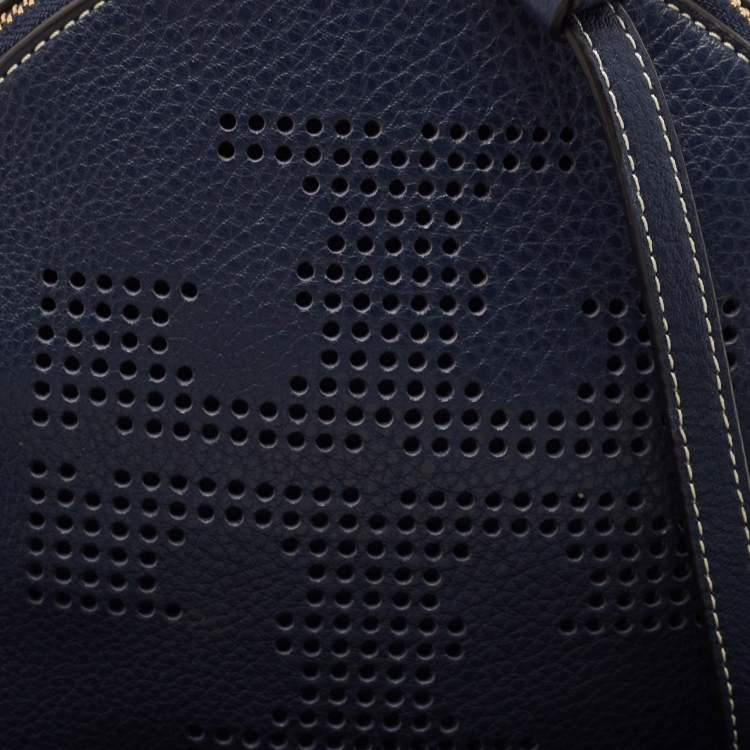 Pre Owned Tory Burch Navy Blue Leather T Perforated Logo Round Crossbody Bag