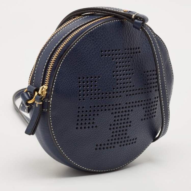 Pre Owned Tory Burch Navy Blue Leather T Perforated Logo Round Crossbody Bag