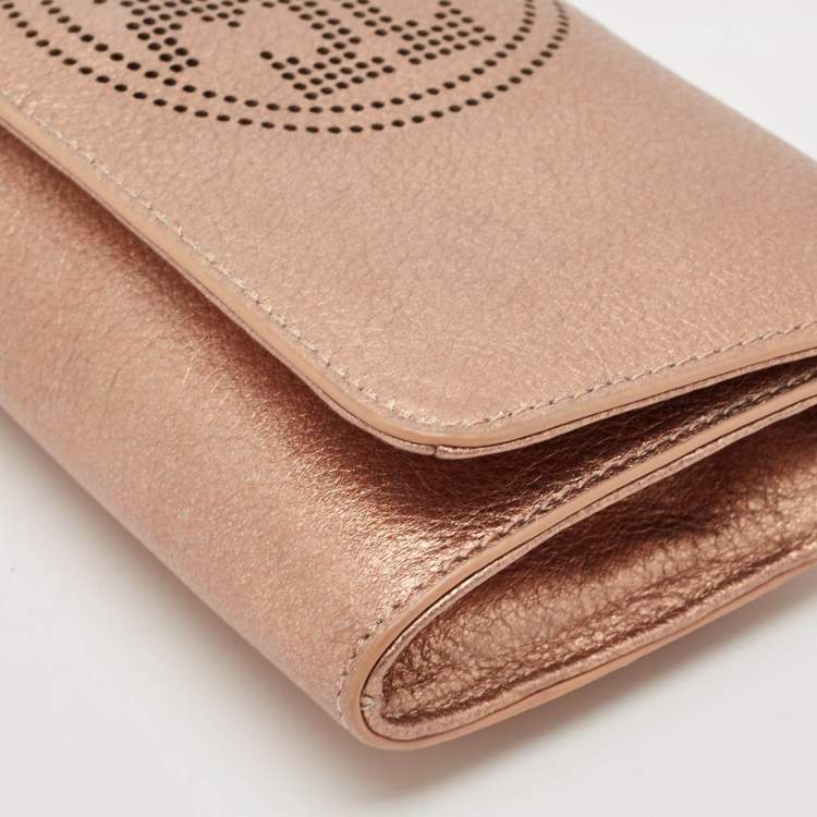 Pre Owned Tory Burch Bronze Leather T Perforated Logo Crossbody Bag
