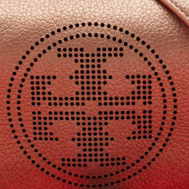 Pre Owned Tory Burch Bronze Leather T Perforated Logo Crossbody Bag