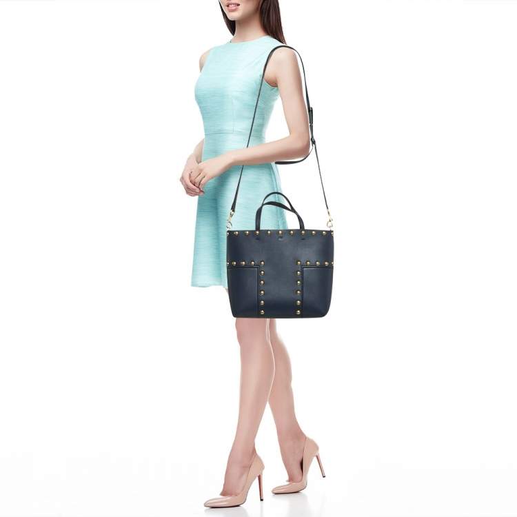 Pre Owned Tory Burch Navy Blue Leather Mini Block-T Stud Tote