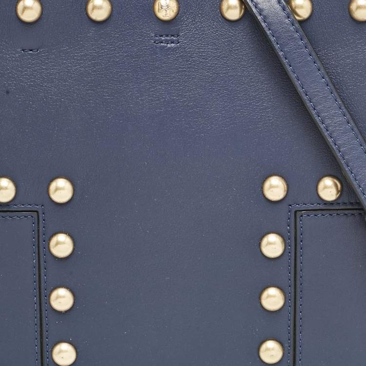 Pre Owned Tory Burch Navy Blue Leather Mini Block-T Stud Tote