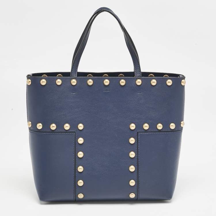 Pre Owned Tory Burch Navy Blue Leather Mini Block-T Stud Tote