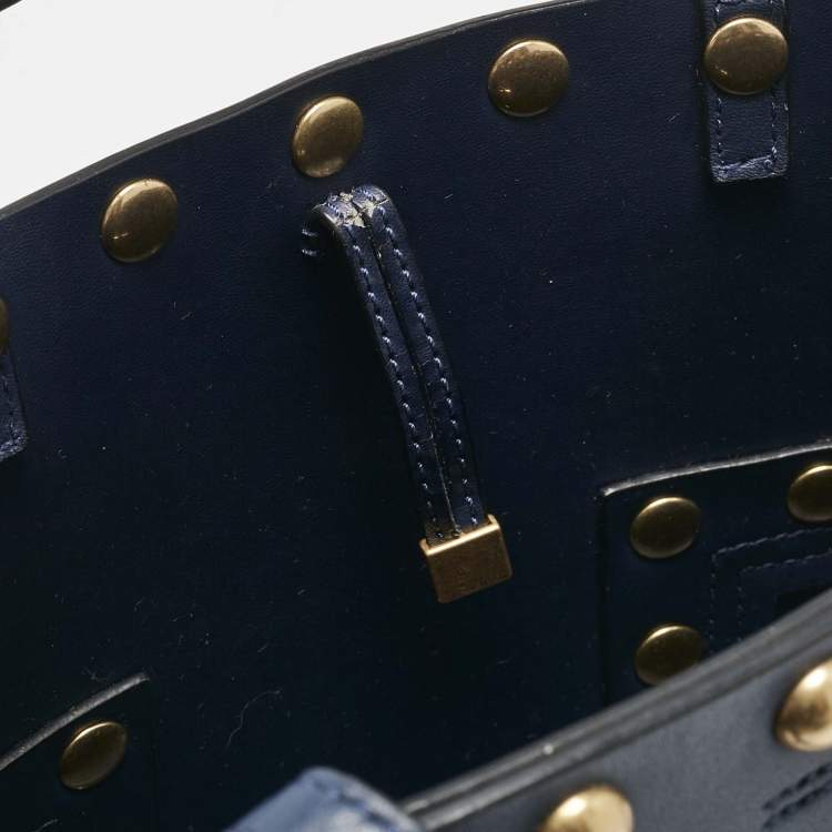 Pre Owned Tory Burch Navy Blue Leather Mini Block-T Stud Tote