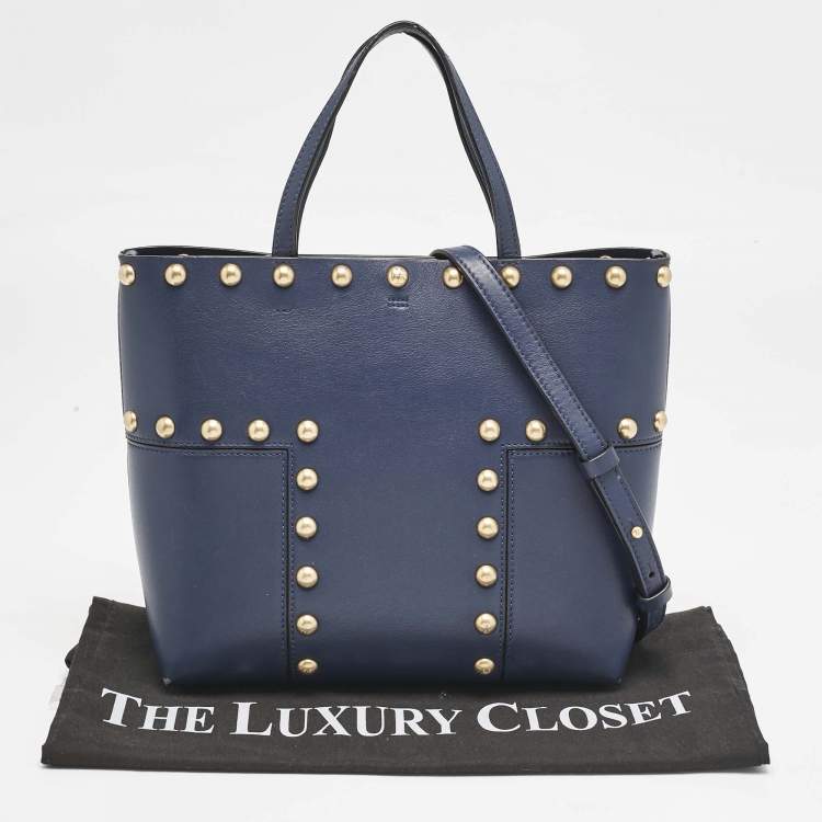 Pre Owned Tory Burch Navy Blue Leather Mini Block-T Stud Tote