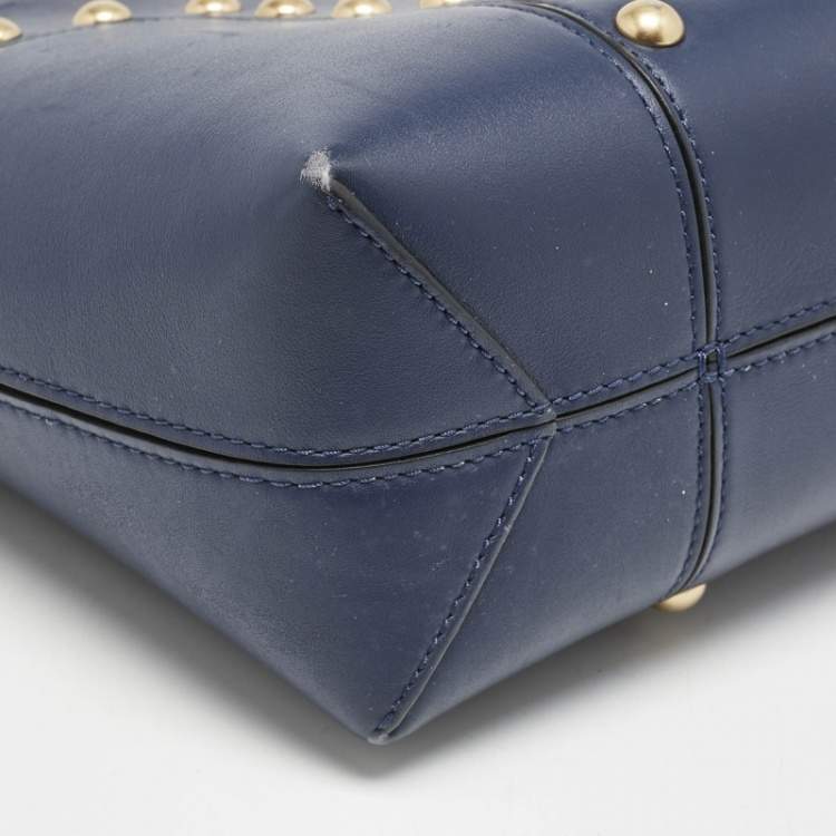 Pre Owned Tory Burch Navy Blue Leather Mini Block-T Stud Tote
