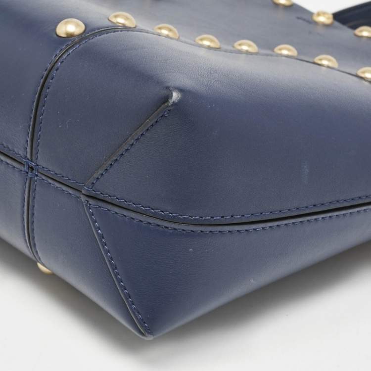 Pre Owned Tory Burch Navy Blue Leather Mini Block-T Stud Tote