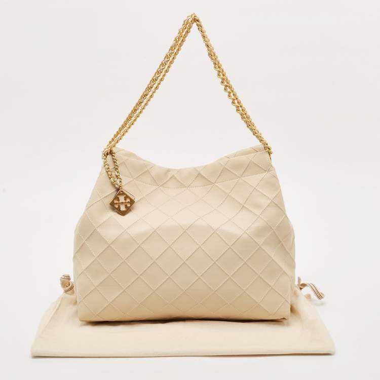 مملوكة مسبقًا Tory Burch Beige Quilted Leather Soft Drawstring Fleming Tote