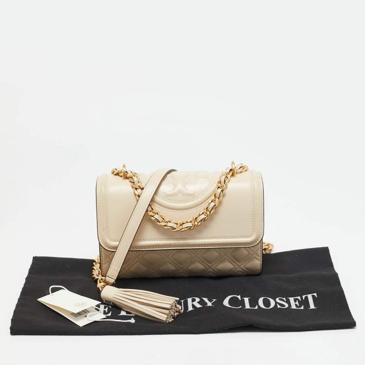 Pre Owned Tory Burch Light Beige Leather Small Fleming Shoulder Bag
