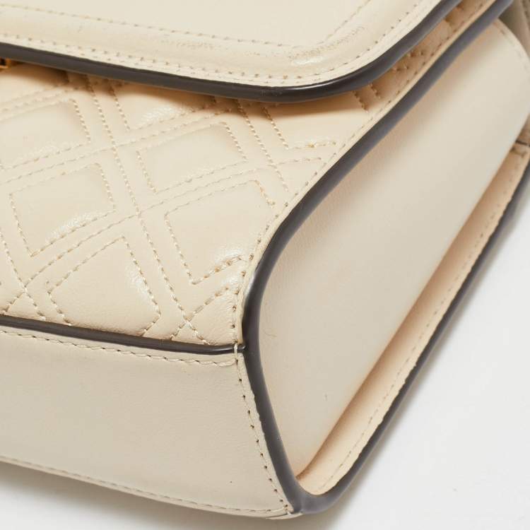 Pre Owned Tory Burch Light Beige Leather Small Fleming Shoulder Bag